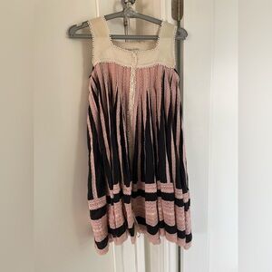 Pink and Black Sleeveless Cotton Lace Silk Dress with Cream / Beige Square Neck